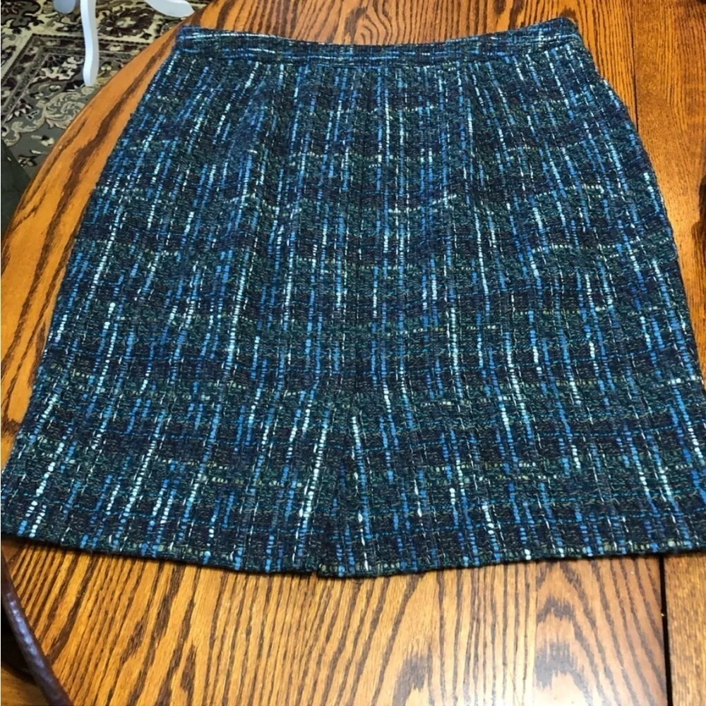 J.JILL SIZE 14 BLUE GREEN TWEED SKIRT FULLY LINED ZIPPER ON SIDE BACK SPLIT HEM